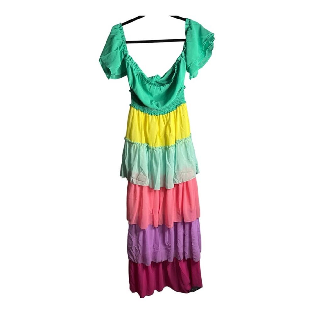 Faeristy Colorful Off Shoulder Ruffle Tiered Maxi Dress Small